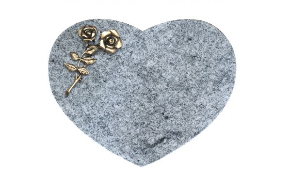 Liegestein Herzform, Viscount Granit, 40cm x 30cm x 8cm, inkl. Bronzerose mit 2 Blüten