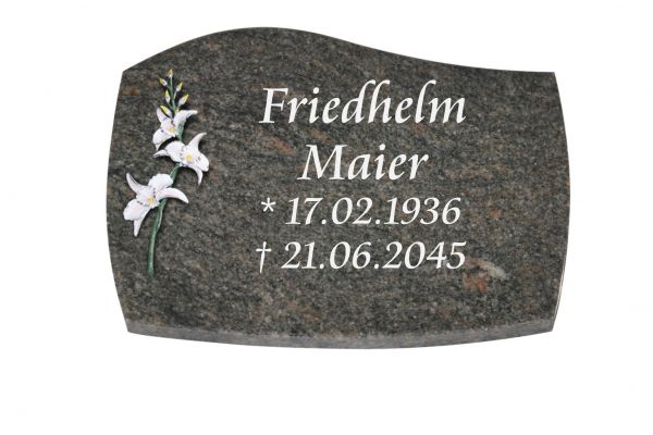 Liegeplatte, Orion Granit mit Fasen 40cm x 30cm x 3cm, inkl. Lilie farbig