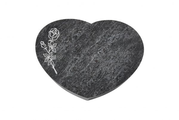 Liegestein Herz, Orion Granit, 50cm x 40cm x 10cm, inkl. Rose mit Blättern