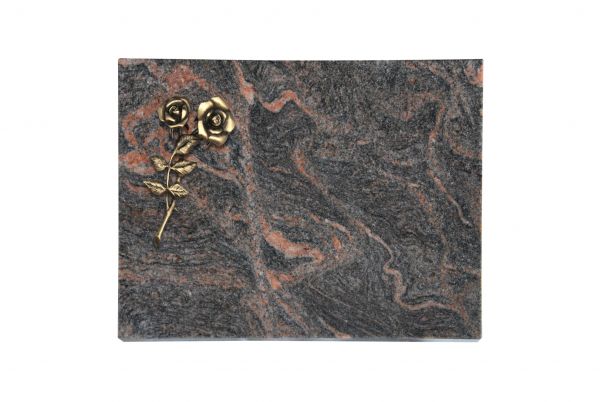 Liegeplatte, Himalaya Granit rechteckig 40cm x 30cm x 3cm, inkl. Bronzerose mit 2 Blüten