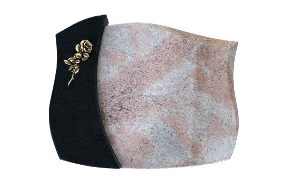 Liegestein, Raw Silk und Indien Black Granit 50cm x 40cm x 10/12cm, inkl. Bronzerose mit Blüte