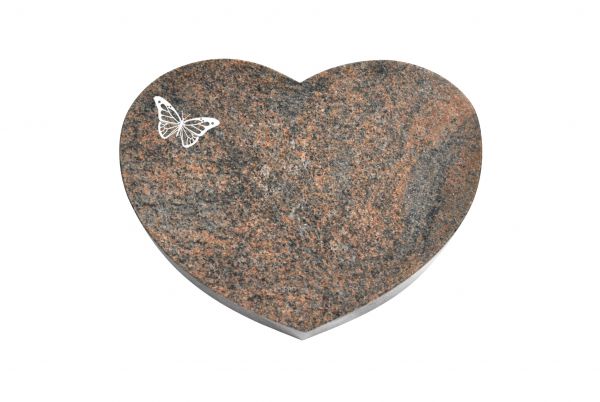 Liegestein Herzform, Multicolor Granit, 40cm x 30cm x 8cm, inkl. Schmetterling