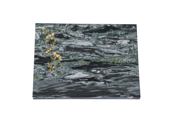 Liegeplatte, Wave Green Granit 40cm x 30cm x 3cm, inkl. Schmetterling auf Blume