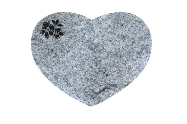 Liegestein Herz, Viscount White Granit, 50cm x 40cm x 10cm, inkl. Blume mit 2 Blüten