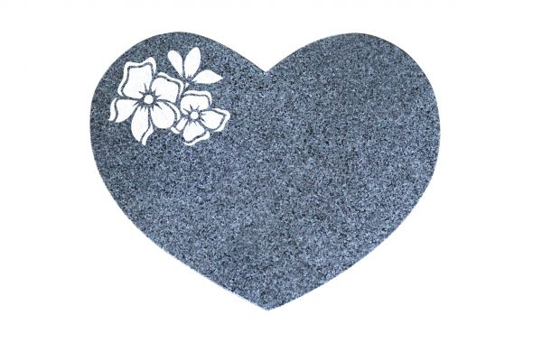 Liegestein Herz, Padang Dark Granit, 50cm x 40cm x 10cm, inkl. Blume mit 2 Blüten