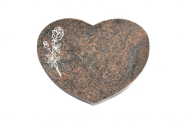 Liegestein Herzform, Multicolor Granit, 40cm x 30cm x 8cm, inkl. vertiefter Rose