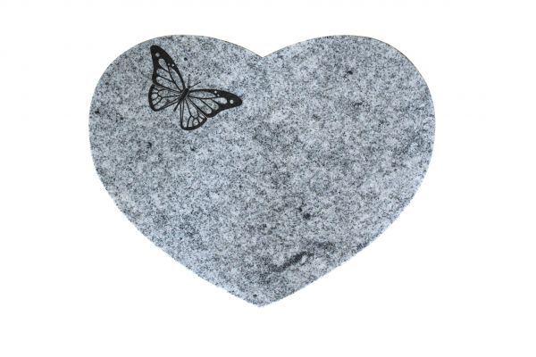 Liegestein Herzform, Viscount Granit, 40cm x 30cm x 8cm, inkl. Schmetterling vertieft gestrahlt