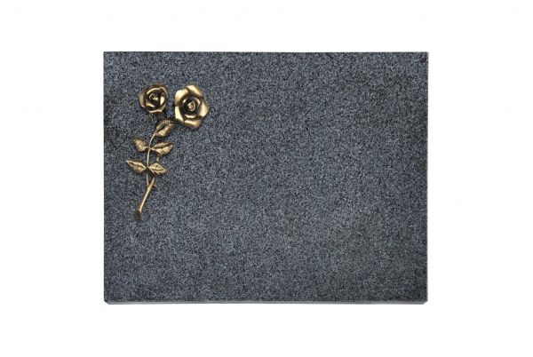 Liegeplatte, Padang Dark Granit rechteckig 40cm x 30cm x 3cm, inkl. Rose mit 2 Blüten aus Bronze