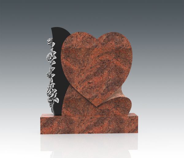 Urnengrabstein in Herzform mit Rosen, Multicolor & Black Granit 80cm x 52cm x 15cm