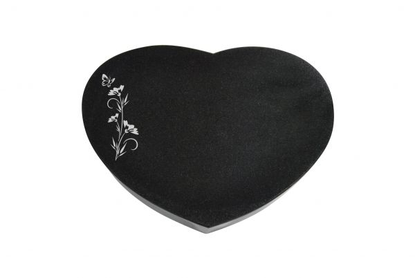 Liegestein Herz, Black Granit, 50cm x 40cm x 10cm, inkl. Schmetterling auf Blume