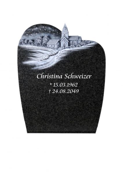 Urnengrabstein mit Kirche, Impala Granit 80cm x 50cm x 14cm