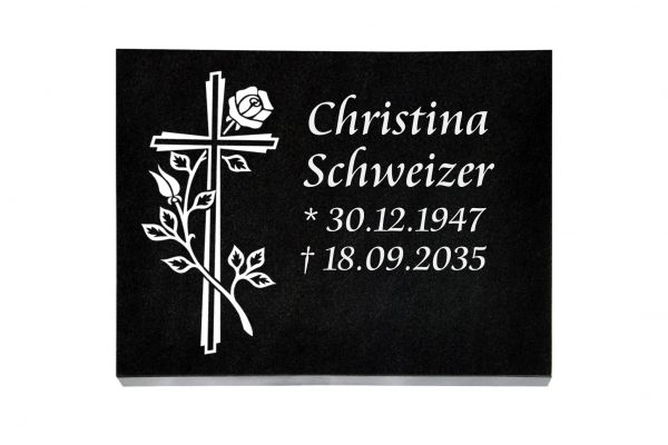 Liegeplatte, Black Granit rechteckig 40cm x 30cm x 3cm, inkl. Kreuz mit Ähren