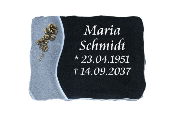 Liegeplatte, India Black Granit 40cm x 30cm x 4cm, inkl. kleiner Bronzerose