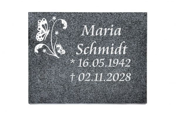 Liegeplatte, Padang Dark Granit rechteckig 40cm x 30cm x 3cm, inkl. Schmetterling auf Blättern