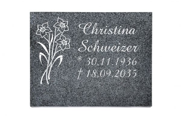 Liegeplatte, Padang Dark Granit rechteckig 40cm x 30cm x 3cm, inkl. Narzisse