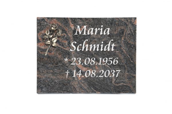 Liegeplatte, Himalaya Granit rechteckig 40cm x 30cm x 3cm, inkl. kleiner Bronzerose