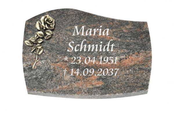 Liegeplatte, Himalaya Granit mit Fasen 30cm x 20cm x 4cm, inkl. Bronzerose