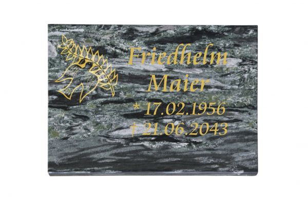 Liegeplatte, Wave Green Granit 40cm x 30cm x 3cm, inkl. Taube mit Blatt