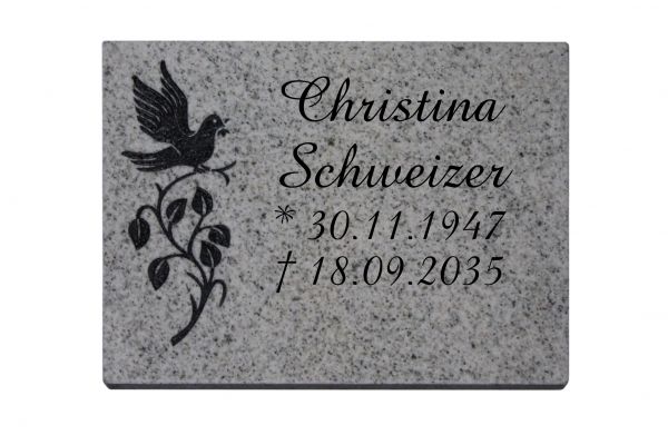 Liegeplatte, Granit hell 40cm x 30cm x 3cm, inkl. Vogel auf Ast in schwarz