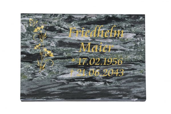 Liegeplatte, Wave Green Granit 40cm x 30cm x 3cm, inkl. Schmetterling auf Blume