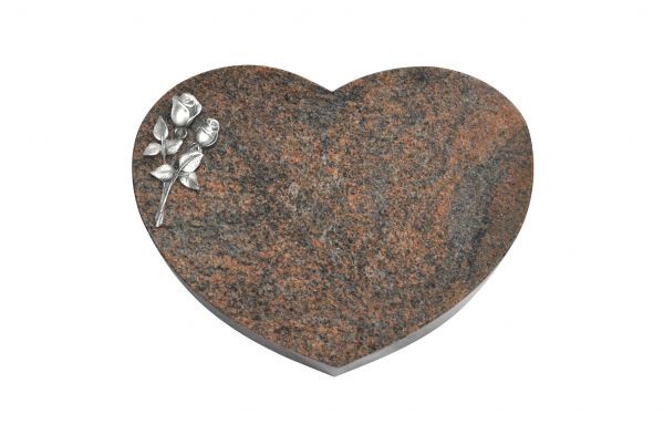 Liegestein Herzform, Multicolor Granit, 40cm x 30cm x 8cm, inkl. kleiner Alurose