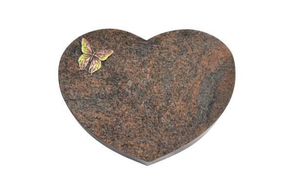 Liegestein Herzform, Multicolor Granit, 40cm x 30cm x 8cm, inkl. Bronze Schmetterling