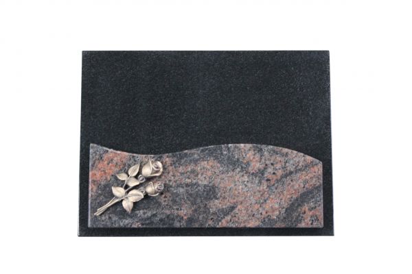 Liegestein, Indien Black und Indora Granit, 40cm x 30cm x 3cm, inkl. kleiner Bronzerose