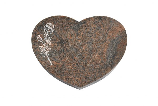 Liegestein Herz, Multicolor Granit, 50cm x 40cm x 10cm, inkl. Rose mit Blättern
