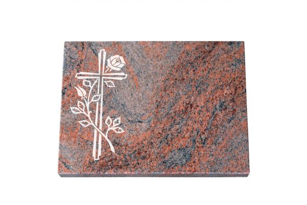 Liegeplatte, Multicolor Granit rechteckig 40cm x 30cm x 3cm, inkl. Rose und Kreuz