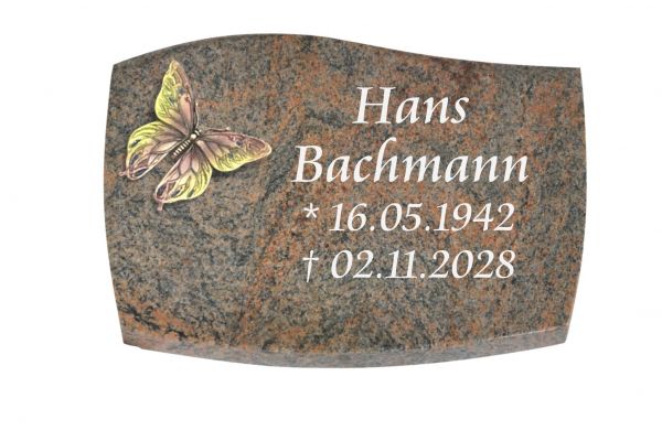 Liegeplatte, Multicolor Granit mit Fasen 30cm x 20cm x 4cm, inkl. Bronzeschmetterling