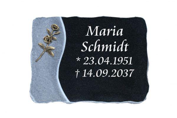 Liegeplatte, India Black Granit 40cm x 30cm x 4cm, inkl. Doppelblüten Rose