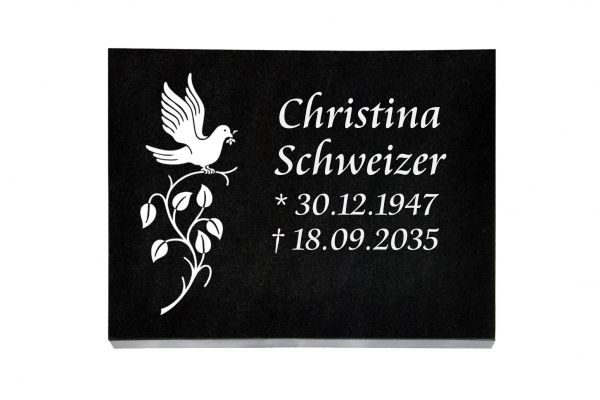 Liegeplatte, Black Granit rechteckig 40cm x 30cm x 3cm, inkl. Vogel auf Ast