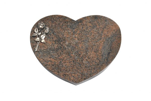 Liegestein Herzform, Multicolor Granit, 40cm x 30cm x 8cm, inkl. kleiner Bronzerose