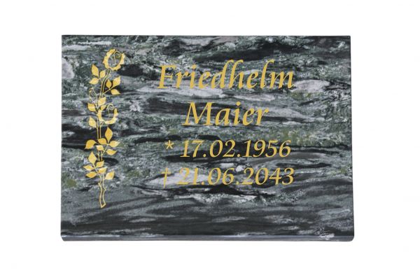 Liegeplatte, Wave Green Granit 40cm x 30cm x 3cm, inkl. schlanker Rose in Gold