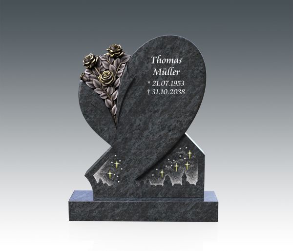 Urnengrabstein in Herzform mit handgearbeiteten Rosen, Orion Granit 80cm x 55cm x 14cm