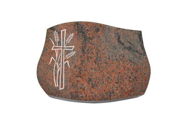 Liegestein Verdi, Multicolor Granit, 40cm x 30cm x 8cm, inkl. Kreuz mit Ähren