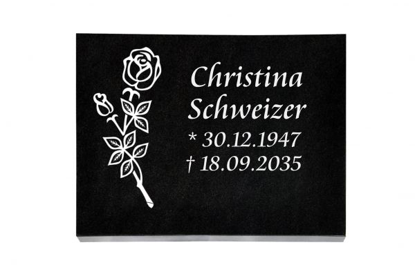 Liegeplatte, Black Granit rechteckig 40cm x 30cm x 3cm, inkl. Rose vertieft gestrahlt