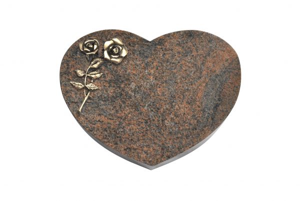 Liegestein Herzform, Multicolor Granit, 40cm x 30cm x 8cm, inkl. Bronzerose mit 2 Blüten