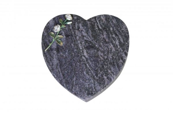 Liegestein Herzform, Orion Granit, 30cm x 30cm x 8cm, inkl. weisser Doppel Rose