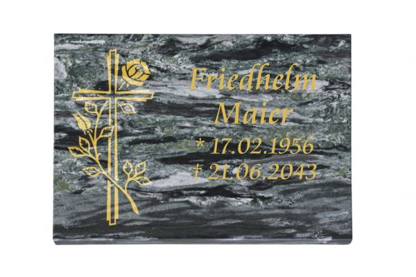 Liegeplatte, Wave Green Granit 40cm x 30cm x 3cm, inkl. Kreuz und Rose