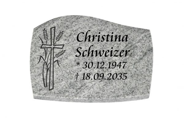 Liegeplatte, Viscount White Granit mit Fasen 40cm x 30cm x 3cm, inkl. Kreuz und Ähren