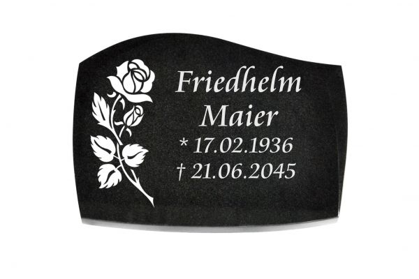 Liegeplatte, Black Granit mit Fasen 40cm x 30cm x 3cm, inkl. Rose vertieft gestrahlt