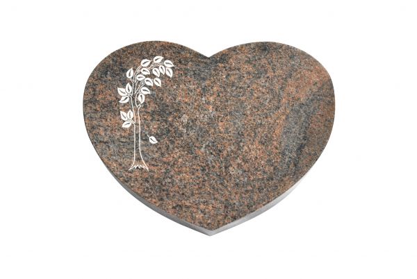 Liegestein Herzform, Multicolor Granit, 40cm x 30cm x 8cm, inkl. filigranen Baum