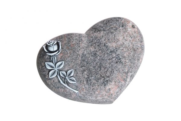 Liegestein Herzform, Himalaya Granit, 40cm x 30cm x 8cm, inkl. Rose erhaben gehauen