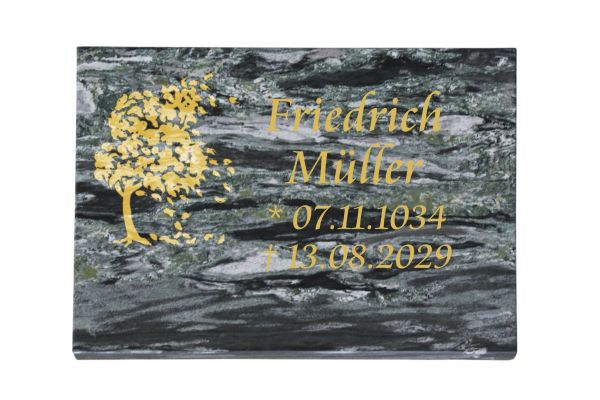 Liegeplatte, Wave Green Granit 40cm x 30cm x 3cm, inkl. goldenem Baum