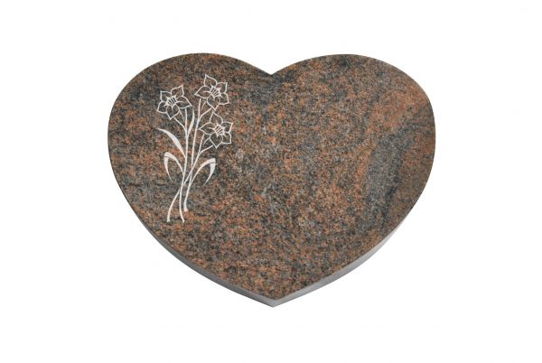 Liegestein Herz, Multicolor Granit, 50cm x 40cm x 10cm, inkl. Narzissen