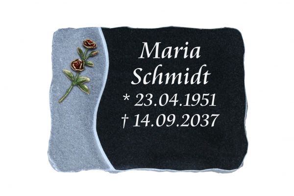 Liegeplatte, India Black Granit 40cm x 30cm x 4cm, inkl. roten Doppelblütenrose