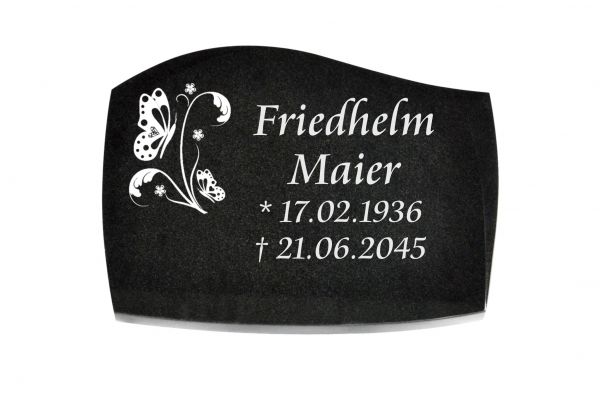 Liegeplatte, Black Granit mit Fasen 40cm x 30cm x 3cm, inkl. Schmetterling auf Blatt