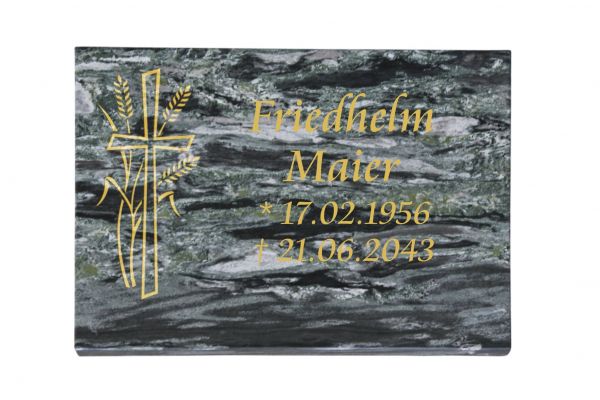 Liegeplatte, Wave Green Granit 40cm x 30cm x 3cm, inkl. Kreuz und Ähren