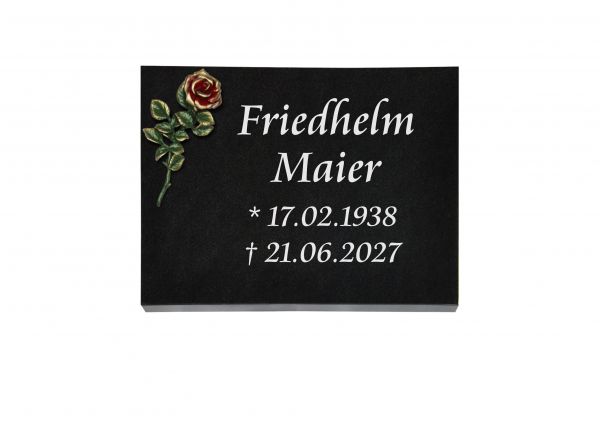 Liegeplatte, Indien Black Granit rechteckig 40cm x 30cm x 3cm, inkl. farbiger Bronzerose